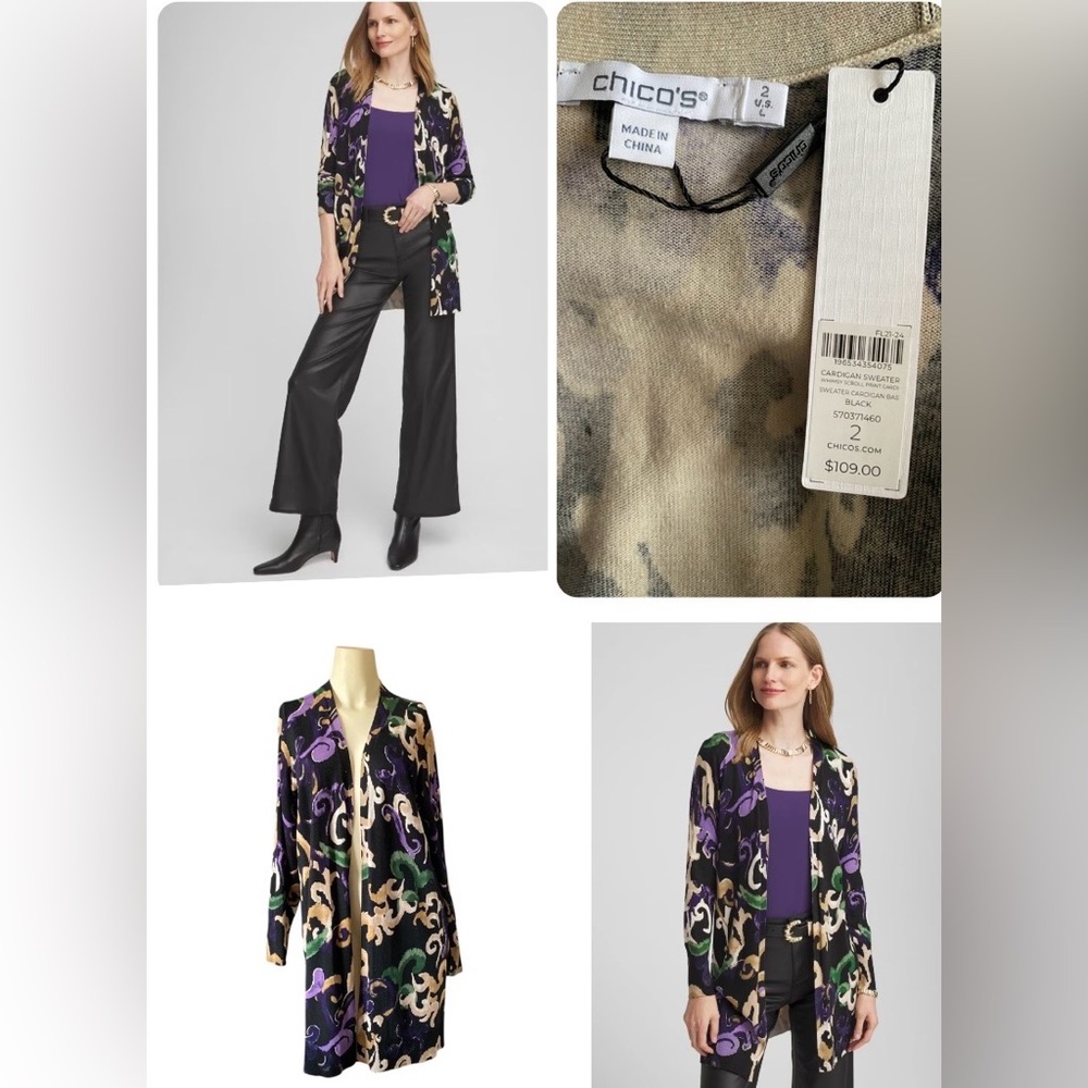 Chico’s Scroll Print Cardigan Sweater Women size L OPEN front